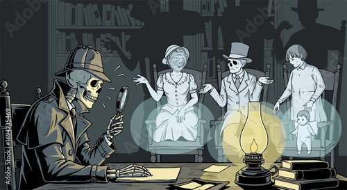 Halloween ghost story with skeleton detective at desk. Skeleton detective investigates mysterious ghosts, in a scene reminiscent of vintage Halloween illustrations,