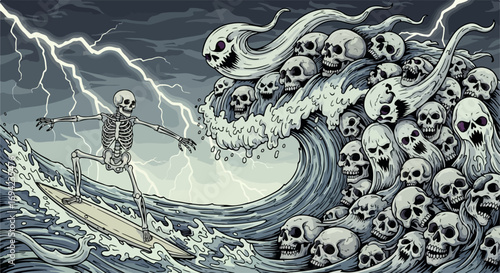 Surfing skeleton rides a wave of skulls under lightning skies, in an eerie yet dynamic scene. Surfing skeleton symbolizes overcoming challenges.