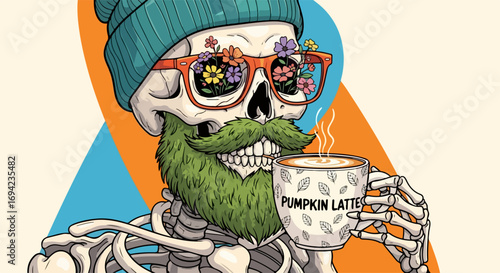 Cartoon skeleton with Pumpkin latte showing funny flowers in glasses. Cartoon skeleton figure sipping hot Pumpkin latte with green beard and beanie in modern surreal style.