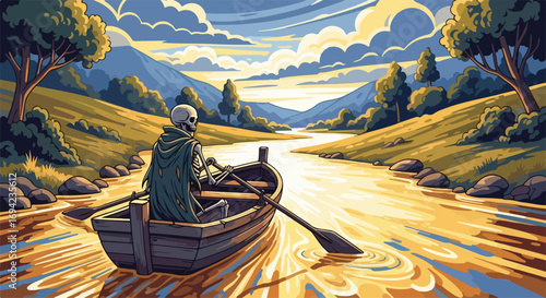 Serene river scene featuring skeleton rowing boat, with vibrant colors and dreamy atmosphere. River scene reflects nature, evoking peace and tranquility.