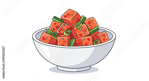 Delicious cubed tuna in a bowl with green onions, tasty food design
