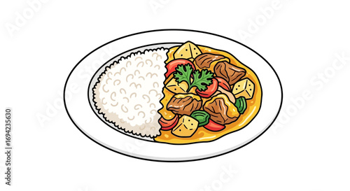 Delicious curry dish with rice served on white plate in cartoon style
