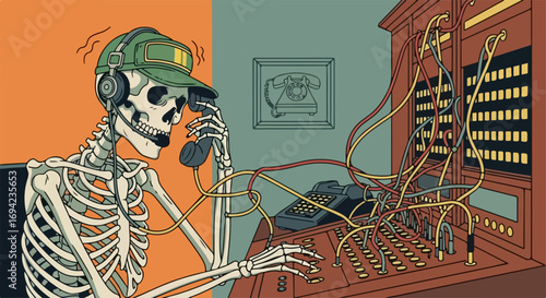 Illustration of skeleton talking, skeleton in headset managing telephone switchboard with wires. Skeleton communicating effectively in office setting, showing commitment, loyalty, and service.