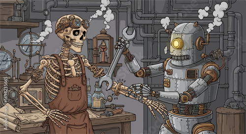 Workshop scene shows a skeleton and robot fixing mechanical parts, in dimly lit and antiquated conditions. Workshop contains gears, tools, and antique devices arranged around the table.