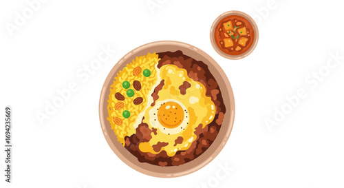 Delicious curry rice with a fried egg, rice with peas and tofu soup