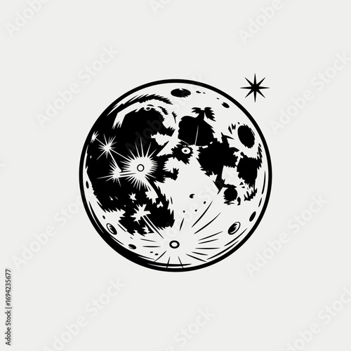 Stylized Moon Illustration with Star Graphic Black and White Minimalist Celestial Design for Space Exploration and Lunar Concepts Art