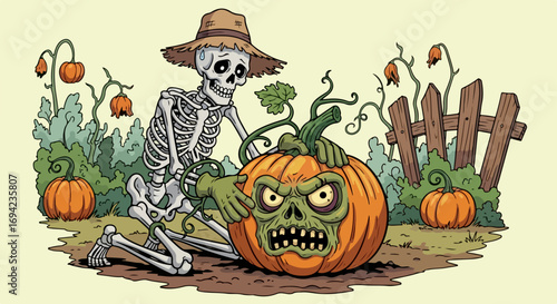 Halloween illustration depicts skeleton playing with pumpkin monster in garden, expressing Halloween spirit.