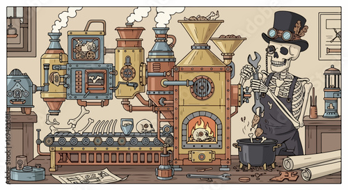 Detailed illustration with skeletal engineer, detailed illustration features complex machinery with pipes and gears. Skeletal engineer tends to steam-powered contraption.
