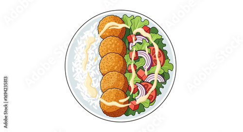Delicious Falafel Plate with Rice and Salad, Cartoon style illustration
