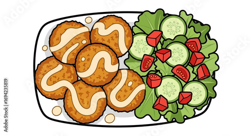 Delicious falafel and fresh salad plate presentation illustration
