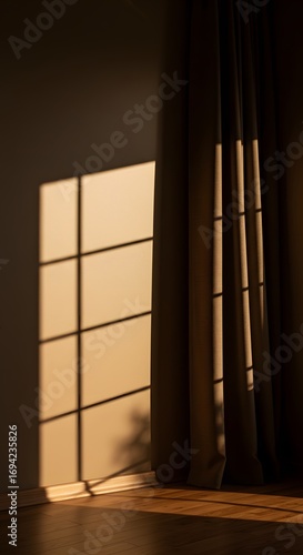 Golden Hour Light and Shadows A Serene View of a Window and Curtain in an Empty Room.