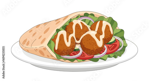 Delicious falafel wrap with fresh vegetables and creamy tahini sauce