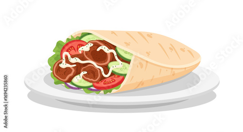 Delicious falafel wrap with fresh vegetables and sauce on plate illustration