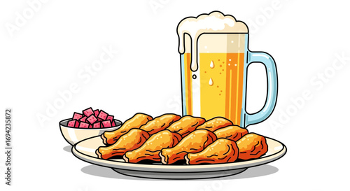 Delicious fried chicken drumsticks with a refreshing beer glass illustration