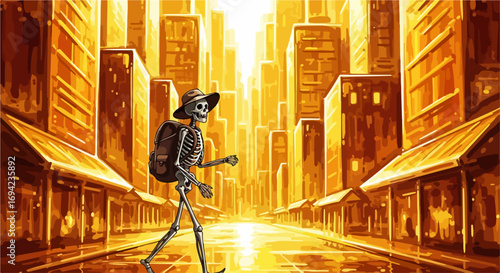 Skeleton traveler walks through the golden city