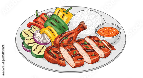 Delicious grilled chicken platter with fresh vegetables and dipping sauce