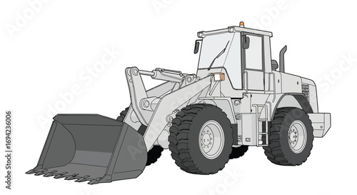 Illustration of a front loader isolated on white background, a heavy equipment machine used in construction and mining for moving materials like soil and rocks