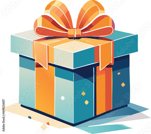 A festively wrapped gift box with an orange ribbon sits on a light background.