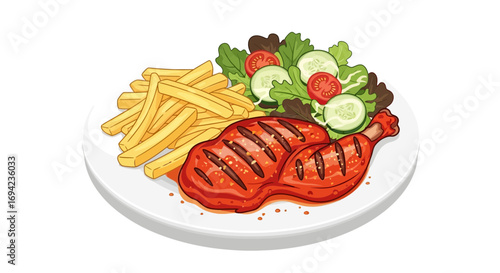 Delicious grilled chicken with crispy fries and fresh green salad illustration