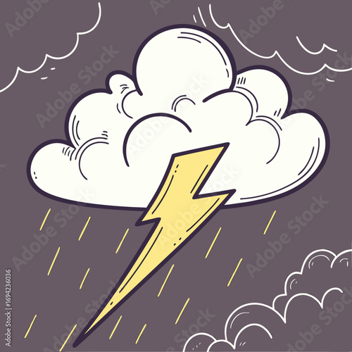 Illustration of a stormy weather scene featuring a cloud, lightning, and rain against a dark background.
