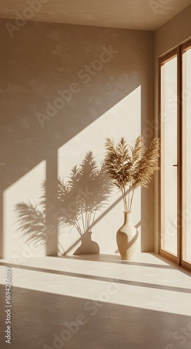 Warm morning sunlight casting a long shadow from a vase of pampas grass in a serene, minimalist room with beige walls and natural light