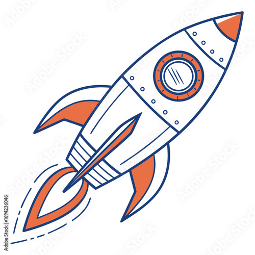 A stylized illustration of a retro-futuristic rocket ship blasting off with fiery exhaust.