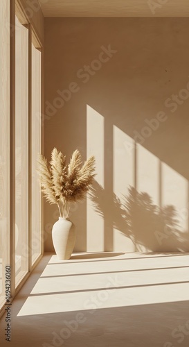 Sunlight casting long, dramatic shadows across a minimalist beige interior, highlighting a ceramic vase of dried pampas grass for a serene and calm aesthetic