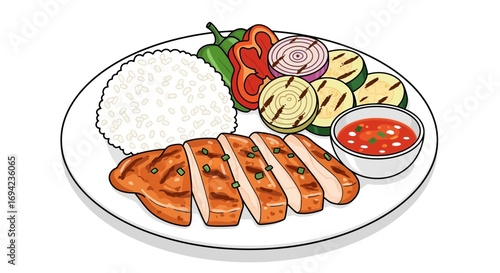 Delicious grilled chicken with fresh vegetables and dipping sauce illustration