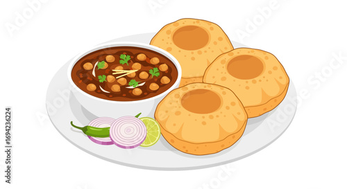 Delicious Indian Chole Bhature with Fresh Ingredients on a White Plate
