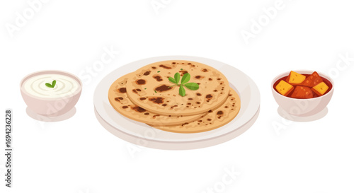 Delicious indian flatbread paratha served with yogurt and vegetable curry