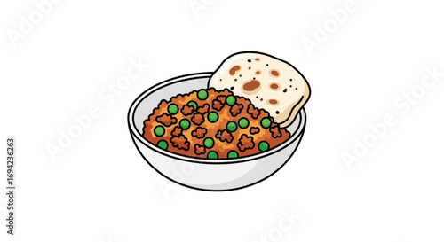 Delicious Indian Dish with Peas and Flatbread in a White Bowl Illustration