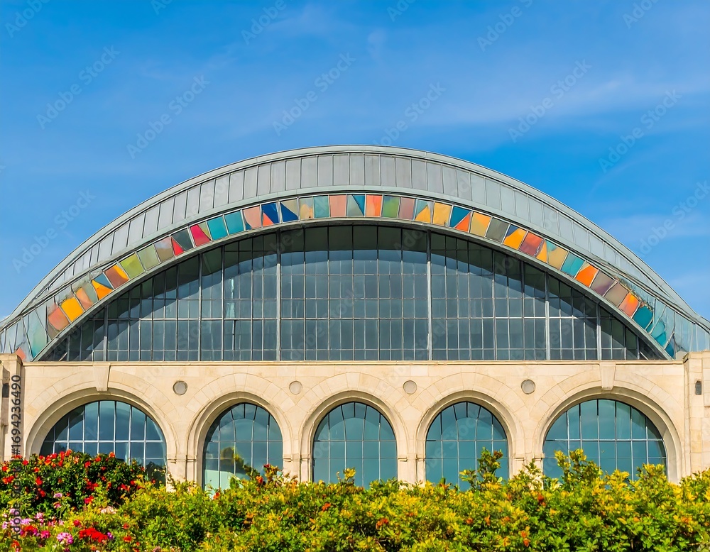 Fototapeta premium Modern building with arched windows and colorful roof