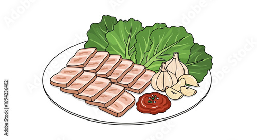 Delicious Korean Pork Belly Dish with Fresh Greens and Garlic Illustration