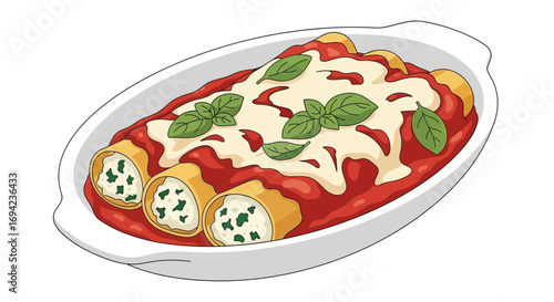 Delicious looking cartoon cannelloni with tomato sauce and basil garnish