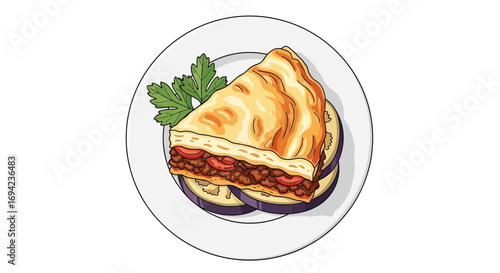 Delicious moussaka portion illustration on a white plate presentation