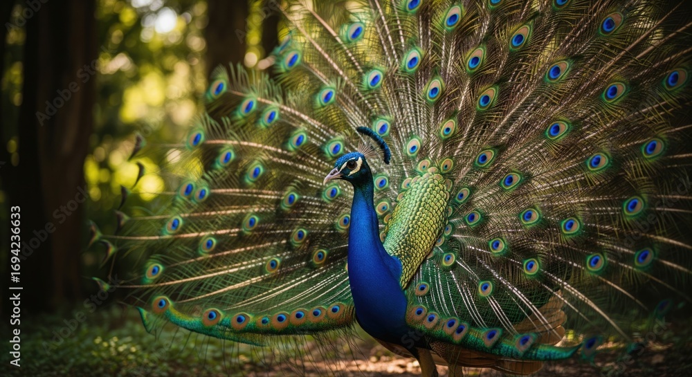 Obraz premium Majestic peacock displaying its vibrant feathers in a lush green forest.