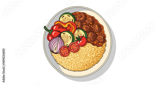 Delicious plate with couscous, stew and vibrant fresh vegetables composition