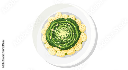 Delicious potato gnocchi with vibrant pesto sauce, arranged on plate