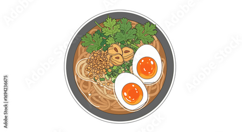 Delicious ramen bowl illustration with fresh ingredients and vibrant colors