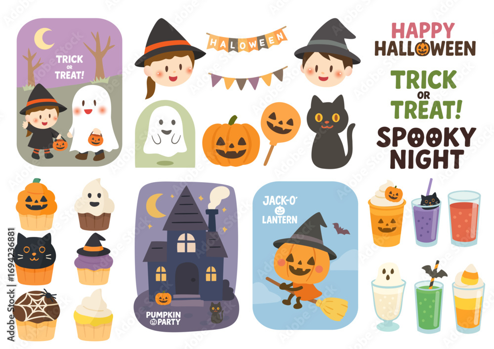 Fototapeta premium ハロウィンのイラスト素材セット、Halloween Character and Decoration Set 