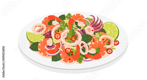 Delicious seafood salad with shrimp, squid and lime on a white plate