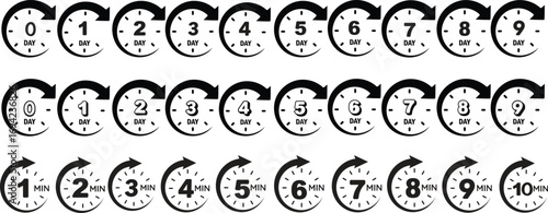Timer, clock, stopwatch isolated set icons. Countdown timer symbol icon set. Label cooking time. Vector illustration.Set of analog clocks for every hour icon.Stopwatch icon from 1 to 60 minute timer