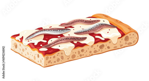 Delicious slice of rectangular pizza with anchovies, tomato and mozzarella