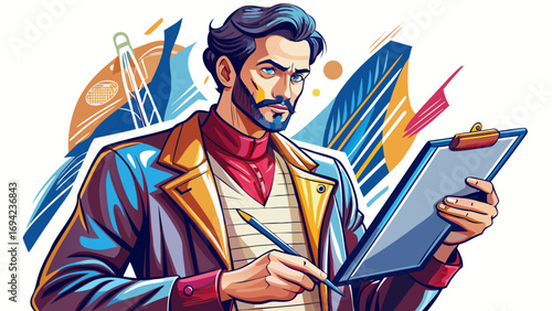  Close-up portrait of male fashion designer holding pencil sketch on clipboard. Isolated white background highlights creativity, elegance, and the modern artistry of clothing design.
