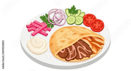 Delicious shawarma wrap with meat, fresh vegetable and sauces arrangement