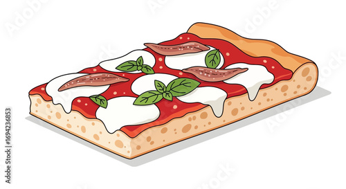 Delicious Slice of Pizza with Anchovies, Basil and Fresh Mozzarella