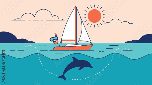A sailboat on the ocean with a dolphin swimming underneath and a bright sun in the sky illustration
