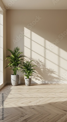 Sunlit empty room with a beautiful herringbone wooden floor, two green houseplants in pots, and bright natural light casting shadows on the wall