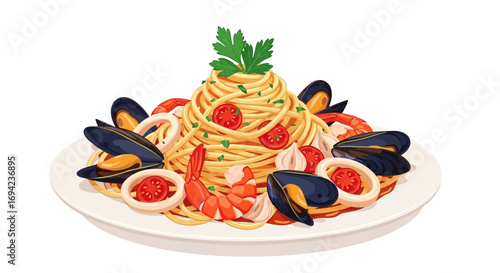 Delicious spaghetti alle vongole with seafood illustration on white plate