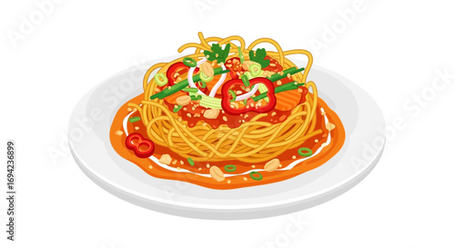 Delicious spaghetti dish topped with fresh vegetables and savory sauce